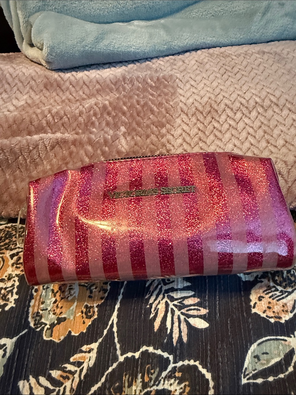 Victoria's Secret Pink Glitter Striped Cosmetic Case